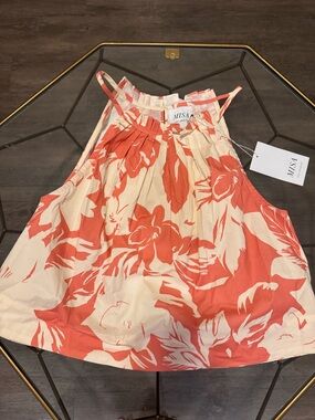 Misa Los Angeles Cream and Coral Floral Halter Top